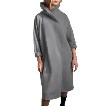 Женское платье-толстовка, женская водолазка, однотонное простое осенне-зимнее свободное платье-толстовка с капюшоном и длинным рукавом, уличная одежда