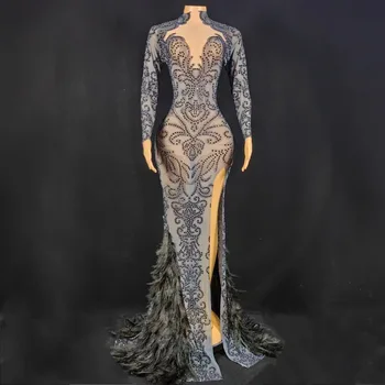 Женское роскошное платье из обтягивающей сетки с бриллиантами, перспективное платье из перьев, Европейское и американское платье для выступлений на сцене, клубное платье для вечеринок