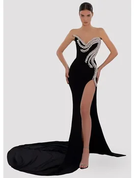 Женское Роскошное Сексуальное платье без бретелек с открытой спиной, расшитое бисером, Черное Длинное платье Макси 2023 Элегантное Вечернее платье для выступления на сцене Vestido