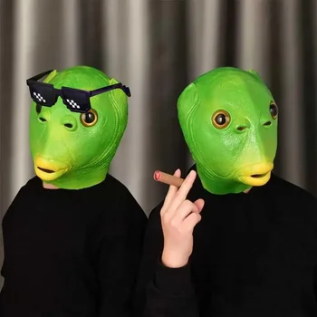 Забавная маска зеленой рыбки, Латексная маска рыбы с зеленым ртом, Головной убор с зеленой рыбьей головой, Костюмированная вечеринка на Хэллоуин, Косплей на Хэллоуин