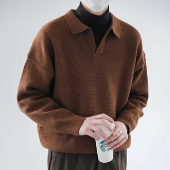Зима-осень, повседневный однотонный свитер с воротником-лацканом, Мужской Корейский Свободный вязаный пуловер, Топы, Модный мужской свитер с длинным рукавом и V-образным вырезом