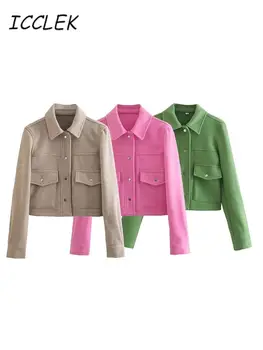 Зимнее пальто Traf для женщин, зеленая шерстяная куртка, пальто 2023, Куртки с карманами, Зимняя одежда, Женская повседневная рубашка, куртки, пальто, женщина
