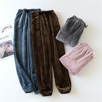 Зимние женские плюшевые пижамные штаны, теплые домашние брюки, Свободная удобная домашняя одежда с эластичной резинкой на талии, женские плотные брюки для отдыха, большие размеры
