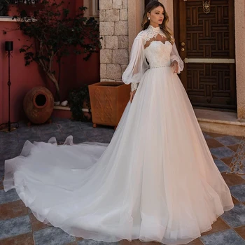 Классическое элегантное женское свадебное платье трапециевидной формы с длинным рукавом, съемное свадебное платье из тюля с аппликацией и жемчугом, свадебное платье Vestidos de novia