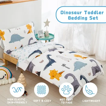 Комплект постельного белья для малышей с динозавром из 4 предметов, ультрамягкое одеяло из микрофибры для маленьких девочек и мальчиков, в комплект входит плоская простыня и наволочка