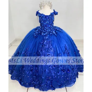 Королевское синее платье в цветочек для девочек, аппликации, бусины, кисточки, корсет, роскошное платье для свадебной вечеринки, бальные платья принцессы на День рождения