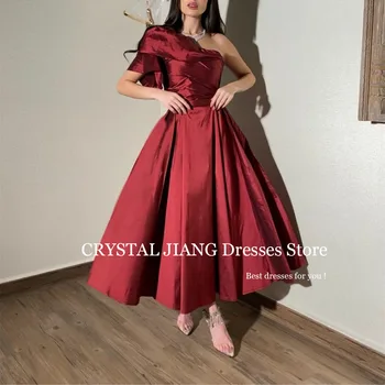 Короткие вечерние платья из красной тафты с одним плечом, с естественной талией, без рукавов, трапециевидной формы, со складками, вечерние халаты чайной длины