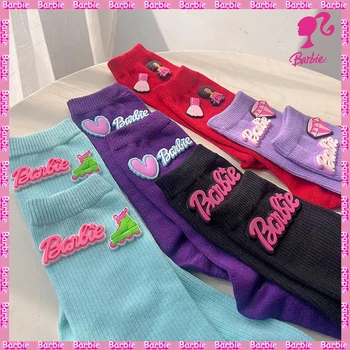 Красочные вязаные носки Barbie, осенне-зимние теплые носки Kawaii, модные чулки в стиле аниме Sweet Barbie, подарок для девочки
