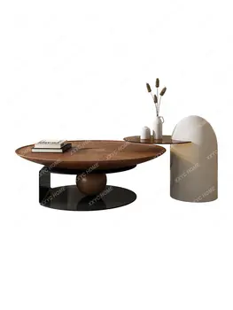 Круглый чайный столик из орехового дерева в кремовом стиле, гостиная в итальянском стиле, небольшая квартира в скандинавском стиле, элитный чайный столик в бесшумном стиле
