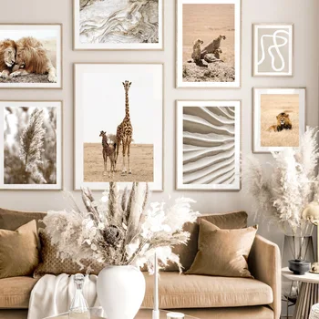 Лев, леопард, жираф, пустынный бежевый тростник, настенная живопись, холст, плакаты на скандинавскую тему и принты, изображения животных для декора гостиной