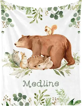 Лесные животные Листья Персонализированное детское одеяло на заказ 30 x 40 дюймов с текстом имени для девочки и мальчика