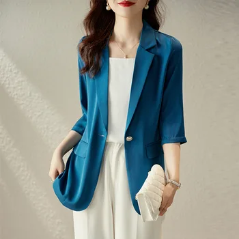 Летний повседневный топ 2023, высококачественный тонкий пиджак для отдыха, женский синий пиджак с рукавом 3/4 для женщин