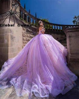 Мексиканское фиолетовое Пышное платье в виде сердца 2023, Аппликации, Корсет, платье для выпускного вечера, бальное платье принцессы, Sweet 16 Robe De Bal
