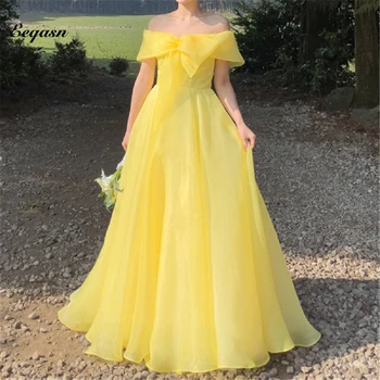 Модное Желтое платье для выпускного вечера из органзы, Корейское свадебное платье с открытыми плечами, рукава с бантом, Розовые вечерние платья для вечеринок, ночь