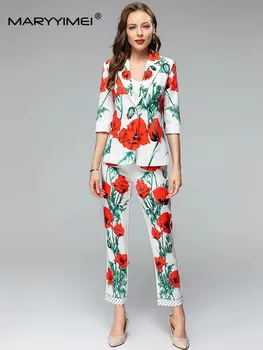 Модный костюм MARYYIMEI, летний женский топ с отложным воротником, короткими рукавами и цветочным принтом, расшитый бисером, + брюки, комплект из 2 предметов