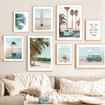 Морской пейзаж, картина, холст, настенное искусство, голубой пляж, пейзаж, кокосовая пальма, плакат и принт для современного домашнего декора
