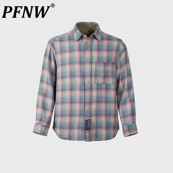 Мужская рубашка нишевого дизайна PFNW, осенняя новинка, уличная мода, клетчатый топ с открытыми плечами, градиентный отложной воротник, шикарный топ Tide 12Z4815