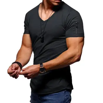 Мужская футболка, однотонная футболка с V-образным вырезом и коротким рукавом, облегающая футболка большого размера, стильный топ Лето 2021