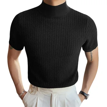 Мужская футболка с коротким рукавом, базовая имитация водолазки, Приталенный пуловер в рубчик, легкие однотонные топы