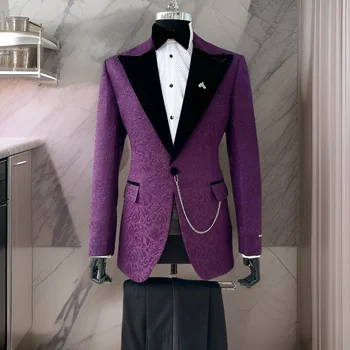 Мужские жаккардовые костюмы с цветочным рисунком, Приталенный, 2 предмета, Бархатный свадебный смокинг с отворотом, сшитый на заказ для выпускного вечера, пиджак с брюками