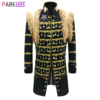 Мужской черный удлиненный пиджак придворного принца с кисточками, приталенный блейзер в стиле стимпанк на молнии, мужской готический винтажный форменный костюм Homme