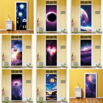 Наклейка на дверь с рисунком галактики Ночное небо, украшение дома, Звезды, Лучи, ПВХ, водонепроницаемый самоклеящийся Плакат для спальни, гостиной, шкафа