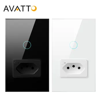 Настенный выключатель и розетка AVATTO Tuya WiFi, стеклянная панель 4X2, 1/2 кнопки, Бразильский умный выключатель света, пульт дистанционного управления для Alexa Google Home