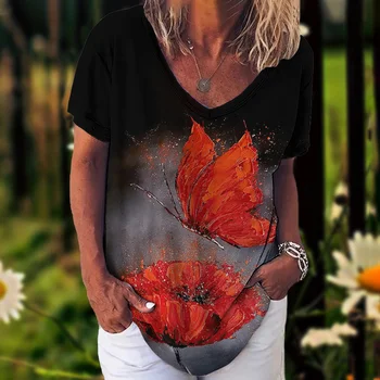Новая женская футболка, Летние винтажные топы с цветочным рисунком, повседневная блузка с V-образным вырезом, модный женский пуловер оверсайз, женская одежда 2023 года.