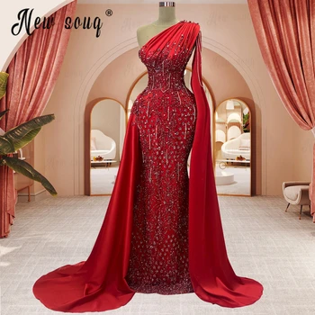 Новогоднее красное вечернее платье 2024 года с одним длинным рукавом-накидкой, платья знаменитостей с бахромой на заказ, элегантная русалка вечер