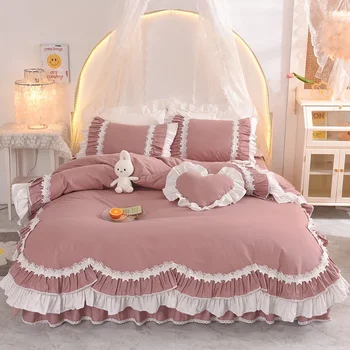 Новый комплект постельного белья из 100% хлопка в стиле корейской принцессы с романтическими двухслойными оборками, Стеганое одеяло, Юбка-кровать, Постельное белье, подушка
