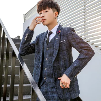 Новый мужской (костюм + жилет + брюки), деловой тренд, повседневная тонкая корейская версия свадебного маленького пиджака, три комплекта