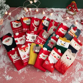 Носки с мультяшными животными, Санта-Клаус, Снежный Лось, Снеговик, Носки для рождественской елки, забавные носки, милые семейные детские новогодние принадлежности