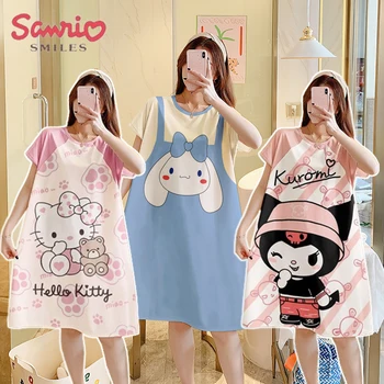 Ночная рубашка Sanrio Hello Kitty с героями мультфильмов, летняя ночная рубашка для девочек, пижамы с короткими рукавами, женская повседневная свободная домашняя одежда, подарок