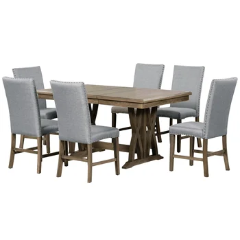 Обеденный стол из массива дерева, состоящий из 7 предметов, выдвижной кухонный стол с мягкими стульями и 12-дюймовым листом на 6 персон, золотистый