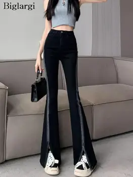 Осенние Длинные расклешенные брюки, женские тонкие брюки с разрезом, женские брюки-клеш с высокой талией, Корейские Черные женские брюки с принтом 2023