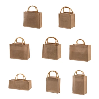 Портативная хозяйственная сумка из джута из мешковины, Бамбуковые ручки с петлями, Многоразовая сумка-тоут