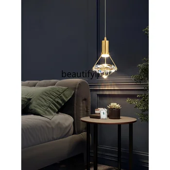 Постмодернистская светлая роскошная люстра для спальни из медного хрусталя, удлиненная прикроватная маленькая подвесная простая лампа для ресторана и бара
