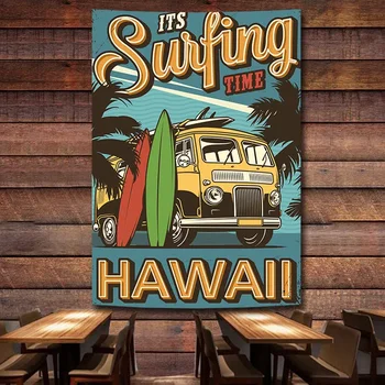 ПРИШЛО время серфинга, Гавайи, Винтажный плакат службы ремонта автомобилей, гобелен, флаг, настенная роспись, декор стен ГАРАЖНОЙ автомастерской, баннер