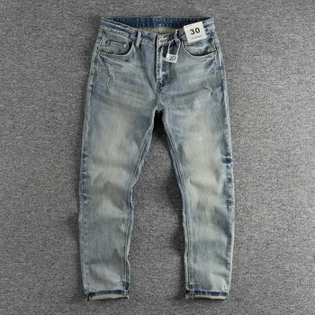 Простые складки с отверстиями в стиле ретро, светло-голубые джинсы для стирки, мужские микроэластичные маленькие прямые весенние и осенние брюки