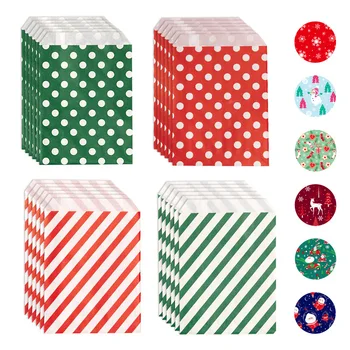 Рождественский пакет для конфет красно-зеленый пакет из крафт-бумаги с волнистым рисунком в горошек Подарочный пакет для рождественской вечеринки с наклейками 24 комплекта