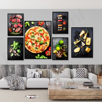Ром, лайм и мята, сыр, грецкие орехи и виноград, фрукты, вино, мясо, помидоры, суши, специи, кулинарный плакат, эстетический плакат