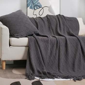 Ромбовидное однотонное полотенце с вязаной кисточкой, покрывало для дивана, покрывало для хвоста кровати, тонкое шерстяное одеяло с ворсом, одеяло для кондиционера На лето