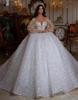 Роскошное бальное платье принцессы Flavinke с пышными длинными рукавами, Свадебные платья, расшитые блестками, аппликации, Женское Праздничное платье Невесты