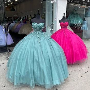 Роскошные блестящие пышные платья цвета шалфея зеленого, бальное платье с 3D-цветочной аппликацией, Хрустальные сладкие 16 платьев, платья на шнуровке для вечеринки по случаю дня рождения