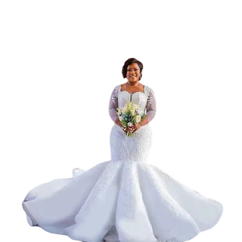 Роскошный Квадратный вырез, Кружевные Свадебные платья с длинным рукавом и бисером, Вечернее свадебное платье со шлейфом, Чернокожая Женщина, большие размеры, Формальное свадебное платье