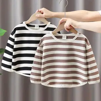 Рубашка в полоску в стиле ретро, Корейская детская одежда, нижняя рубашка, Весенний новый стиль, свободные футболки с длинными рукавами для маленьких мальчиков и девочек, топы
