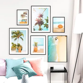 Свежая картина на холсте в скандинавском стиле, Пляж, морская звезда, автомобиль, Кокосовая пальма, ракушка ананаса, плакаты и принты, настенные рисунки для комнаты
