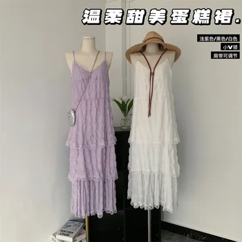 Свободное сексуальное платье-комбинация с V-образным вырезом, женское летнее пляжное платье для приморского курорта 2023, длинное платье для торта