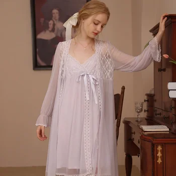 Сексуальные кружевные комплекты халатов с V-образным вырезом, Весенне-осенние пижамы из милой сетки, пижамы принцессы из 2 предметов, ночная рубашка феи с длинным рукавом