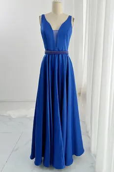 Синее Продвинутое Вечернее Платье Без Рукавов с Глубоким V-образным Вырезом И Высокой Талией В Корейском стиле M2009